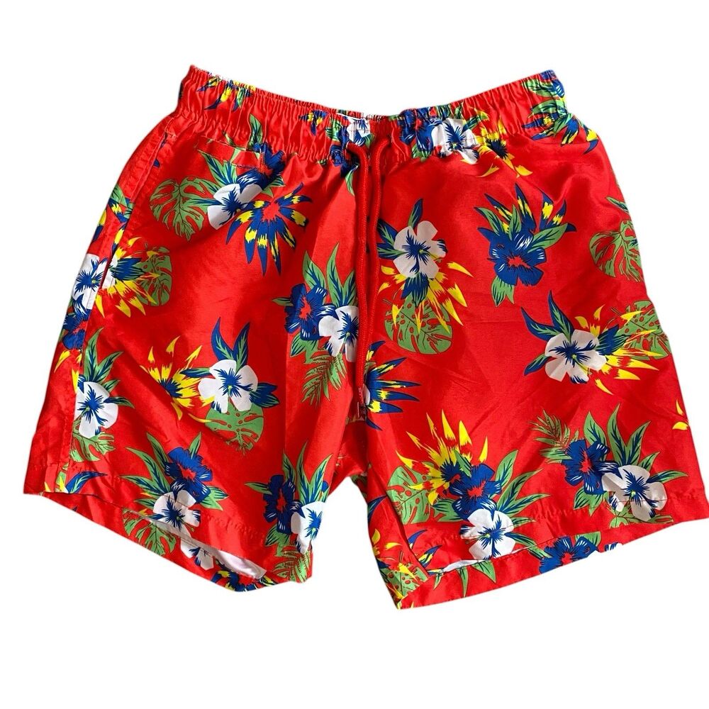 Free Planet Surf & Swim Red Tropical Print Swim Trunks Board Shorts NWOT Size S